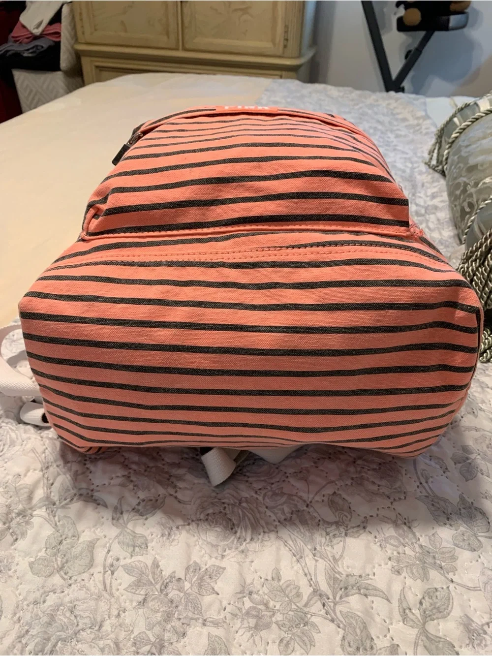 PINK Victoria's Secret Coral Pink and Black Striped Canvas Backpack (Rare)